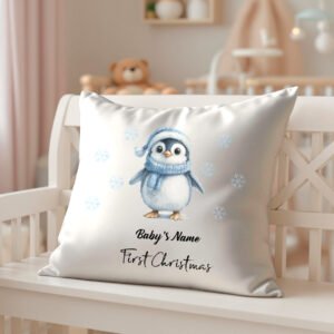 Personalized Baby's First Christmas Pillow Cover - Christmas Penguin