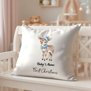 Personalized Baby's First Christmas Pillow Cover - Baby Reindeer