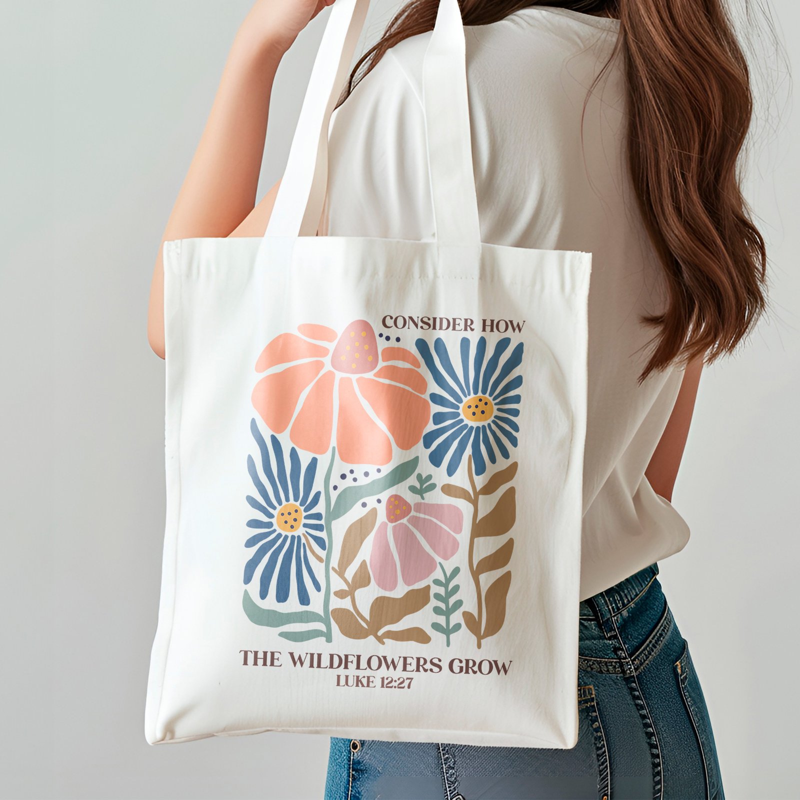 Sac fourre-tout à design religieux Chrétien – Consider how the wild flowers grow
