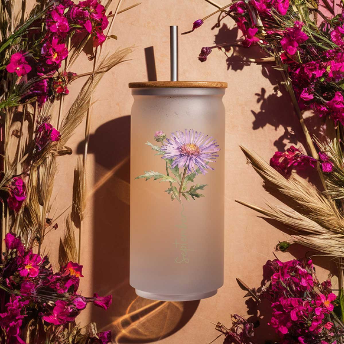 Birth Flower Frosted Glass Tumbler 17 oz